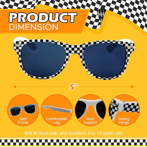 4E's Novelty 12 Race Car Checkered Sunglasses for Kids Bulk 12 Pack with UV400 Protection, Racecar Party Favor Supplies, Summer Pool Beach Accessories, Racing Theme Birthday Gifts4
