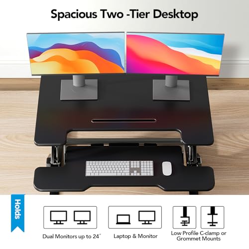 Image of HUANUO 32 inch Z Shaped Standing Desk Converter with Wide Keyboard Tray, Black | Instant Sit-Stand Convert,Fits Dual Monitors,Dual Gas Spring Lifter,Wobble-Free Z-Steel,Quick Keyboard Install