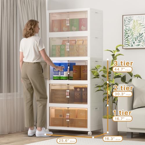 Image of UAMFURI Stackable Storage Bins with Lids, 360QT Closet Organizers and Storage Cabinet with Doors & Wheels, Lockable Plastic Foldable Drawers for Bedroom Dorm Office Garage(120QT*3,White)