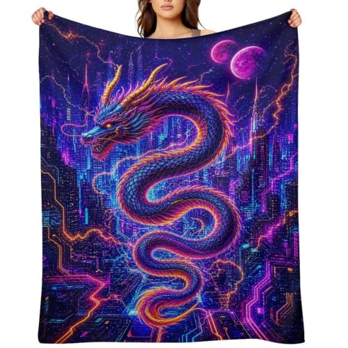 Dragon Neon City Moon Soft Throw Blanket for Couch Bed and Travel