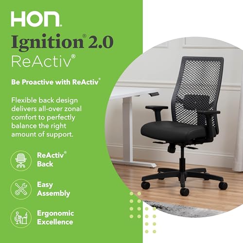 Image of HON Ignition 2.0 ReActiv Ergonomic Office Chair, Mesh Desk Chair with Lumbar Support, Synchro‑Tilt Recline, Height and Width Adjustable Arms, Swivel Wheels, Black Frame, Black