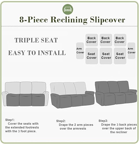 Miniatura 6 de vctops Fundas repelentes al agua para sofá reclinable de 8 piezas, diseño de hojas jacquard, elásticas, suaves para sofá reclinable de 3 cojines,