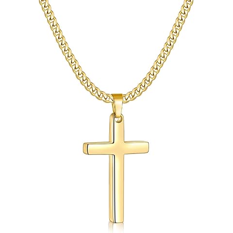 Fiusem Cross Necklace for Men and Women, 14K Gold Plated Mens Cross Necklaces with 3.5mm Cuban Chain, Stainless Steel Pendant Chain 16-24 Inches