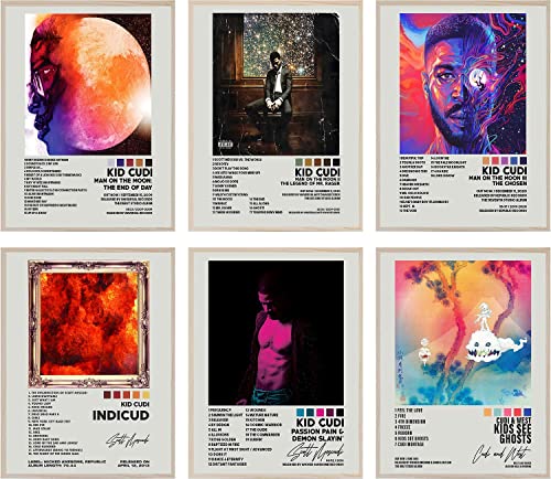 HENCT Kid Cudi Album Cover Posters Print Music Canvas Wall Art Album Cover Signed Limited Posters Room Aesthetic Set of 6 for Teen and Girls Dorm Decor Unframed 8x10 inch