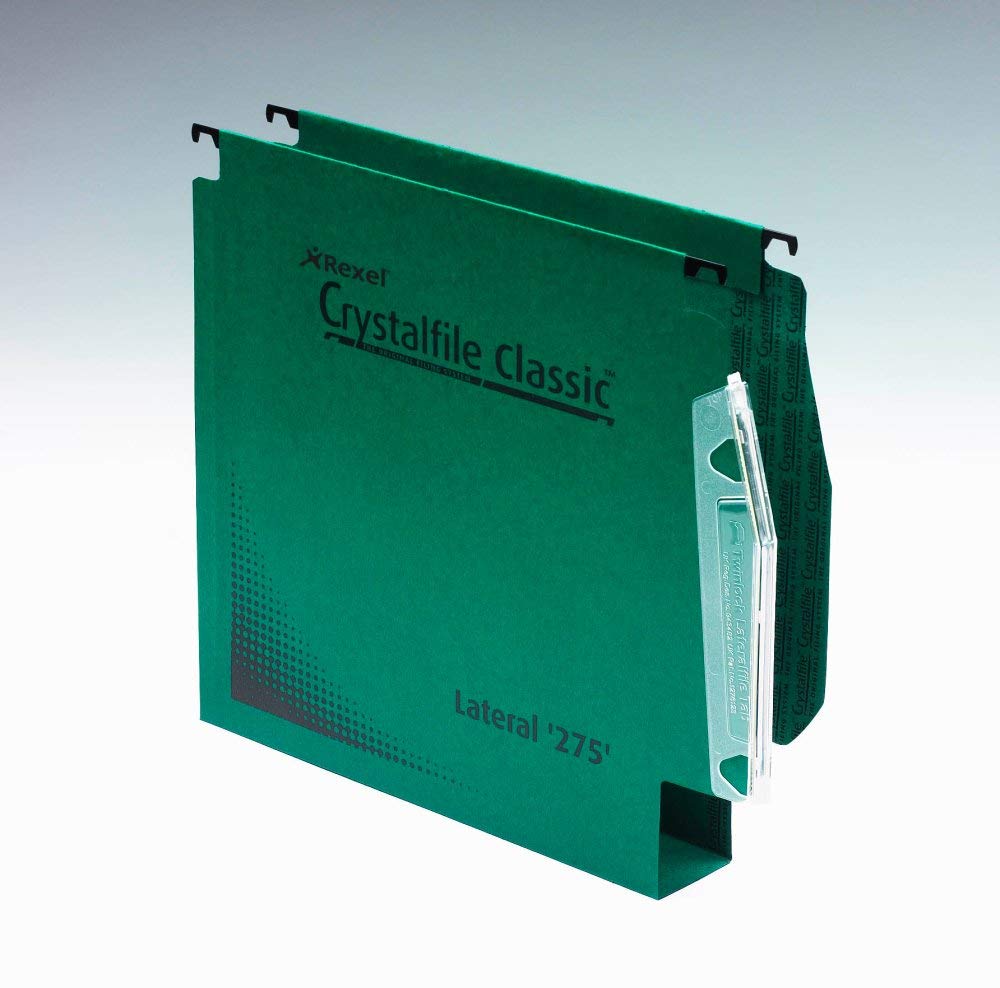 Rexel 275 Lateral Hanging Files with Tabs and Inserts, 50 mm base, 100 Percent Recycled Manilla, Green, Crystalfile Classic, Pack of 50, 71762
