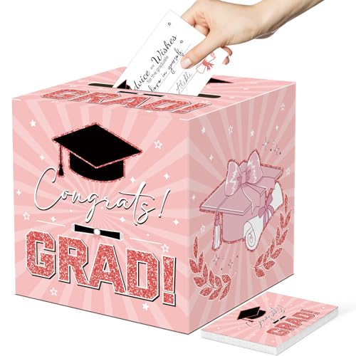 Image of Graduation Card Box Graduation Decorations 2026 Grad Card Box for Gift Graduation Party Favors Decor Party Supplies (Pink, 50 Cards)
