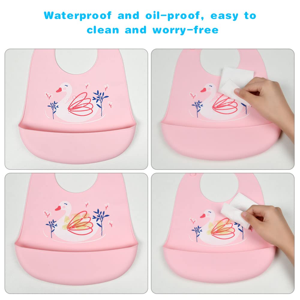 Vicloon Bébé Bavoir Silicone Souple, Lot de 2 bavoirs étanches en silicone, Bavoir Bébé Imperméable, Tour de cou ajustable, Facile à Nettoyer pour bébés et jeunes enfants, Chouette & Cygne
