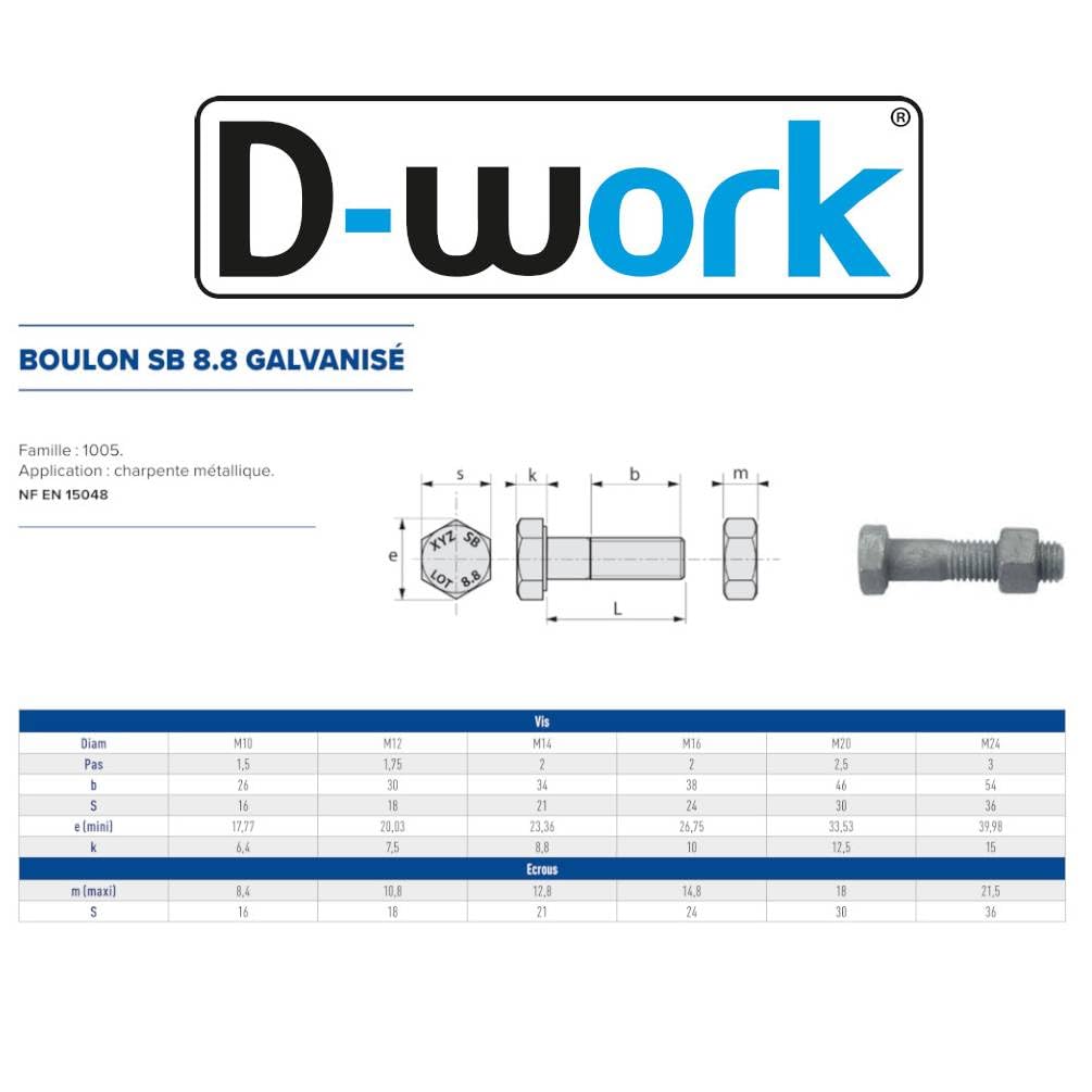 10 Bulloni in metallo SB F/Parziale 20 x 110 mm - ISO 4014-4032 EN 15048-8.8 - Zincato a caldo - D-Work