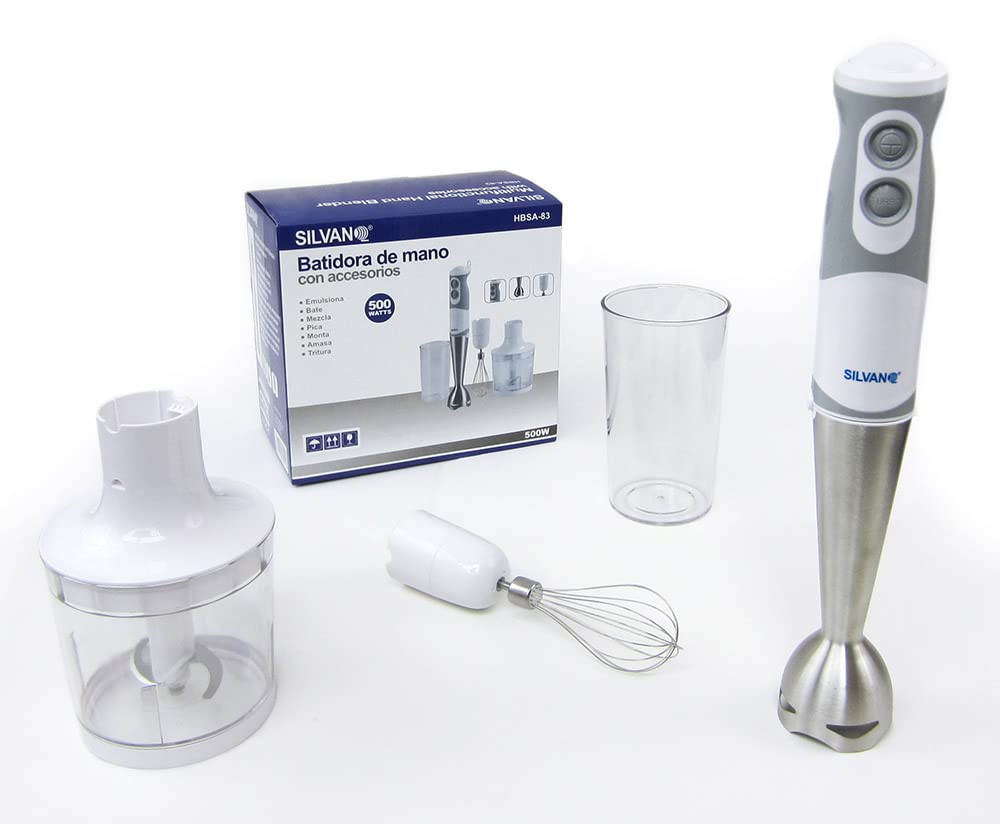 Batidora de Mano de 500 W - Hojas de Acero Inoxidable y Vaso Graduado de 600 ml - Empuñadura Ergonómica - Incluye Picadora con Vaso, Batidor y Accesorios - Silvano