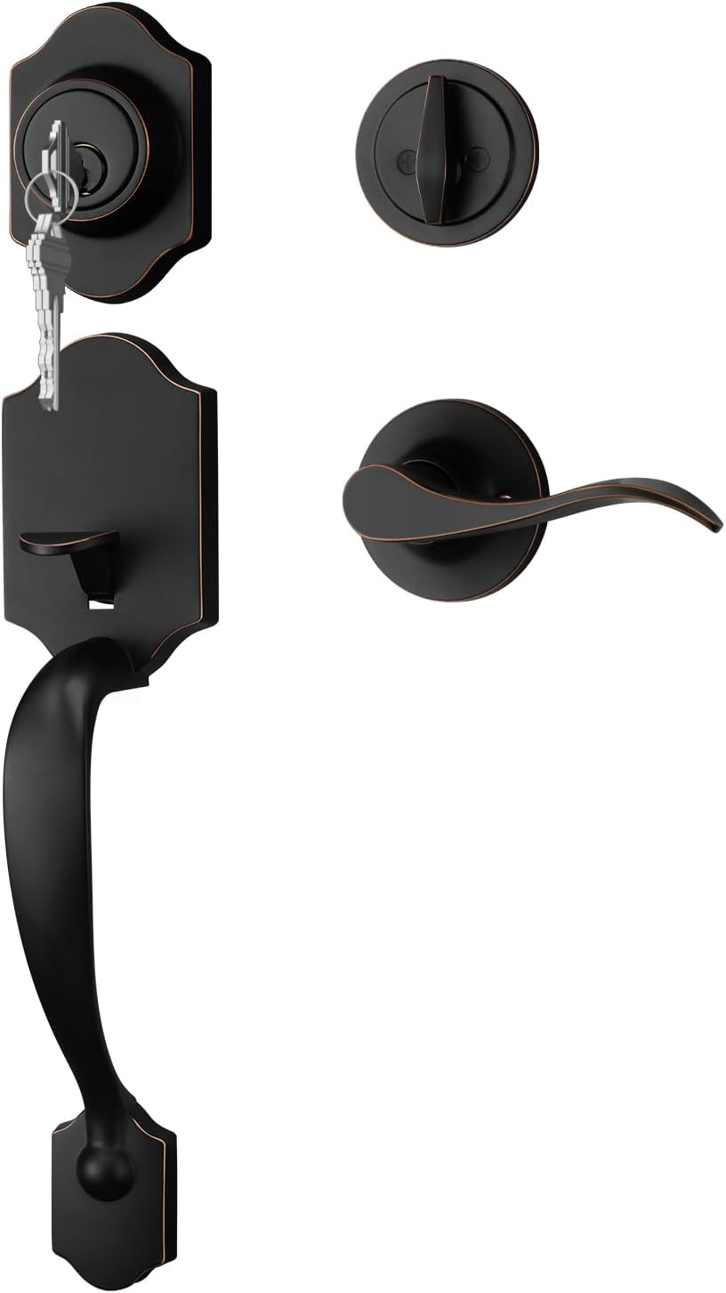 goldenwarm Front Door Handle and Deadbolt Set, Oil-Rubbed Bronze Front Door Lock Set with Reversible Handle Lever, Classic Front Door Hardware, Single Cylinder Front Door Entry Lock Wave + Deadbolt Oil Rubbed Bronze