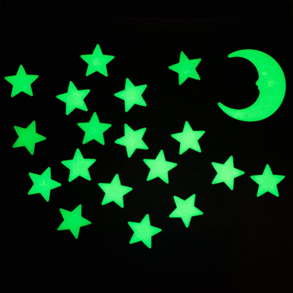 24 Magical 3D Glow in The Dark Moon and Stars Shapes, Luminous Fluorescent Stickers, DIY Wall Ceiling Decal Murals for Sensory Nursery Baby Kids Bedroom, Living Room Decoration