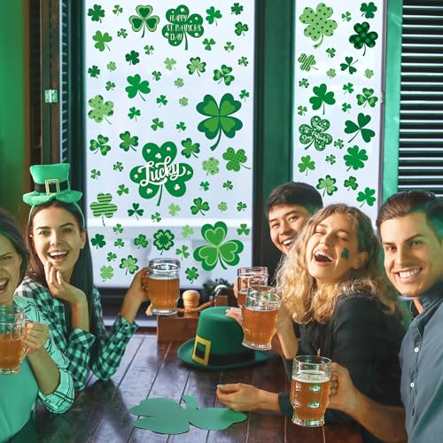 Image of 120 PCS St Patricks Day Decorations, 4 Sheets St Patricks Day Window Clings with Polka Dots Stripes Plaid Patterns, Double-Sided Green Party Decorations, Shamrock Window Clings for Home Decor