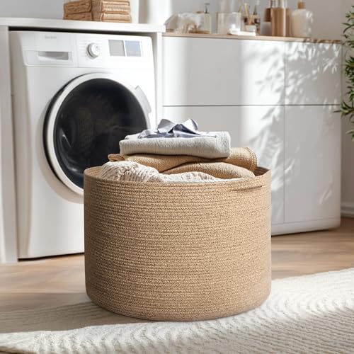 Image of MEGASKET 115L Wicker Storage Basket, 23.6 inchx15.7 inch Woven Cotton Rope Basket, Giant Kids Dog Toy Bin Organizer, XXXL Blanket Pillow Holder for Living Room, Brown Variegated Wicker Baskets for Organizing