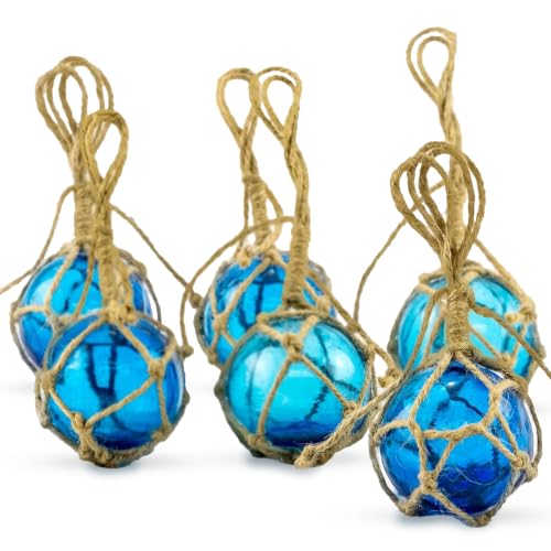 Glass Fishing Floats | Aqua Japanese Glass Floats 2" | Nautical Rope Ball | Nautical Themed Wall Decor | Beach House Decor | GlassBuoys for Decoration and Ocean Room Decor (6 Pack)
