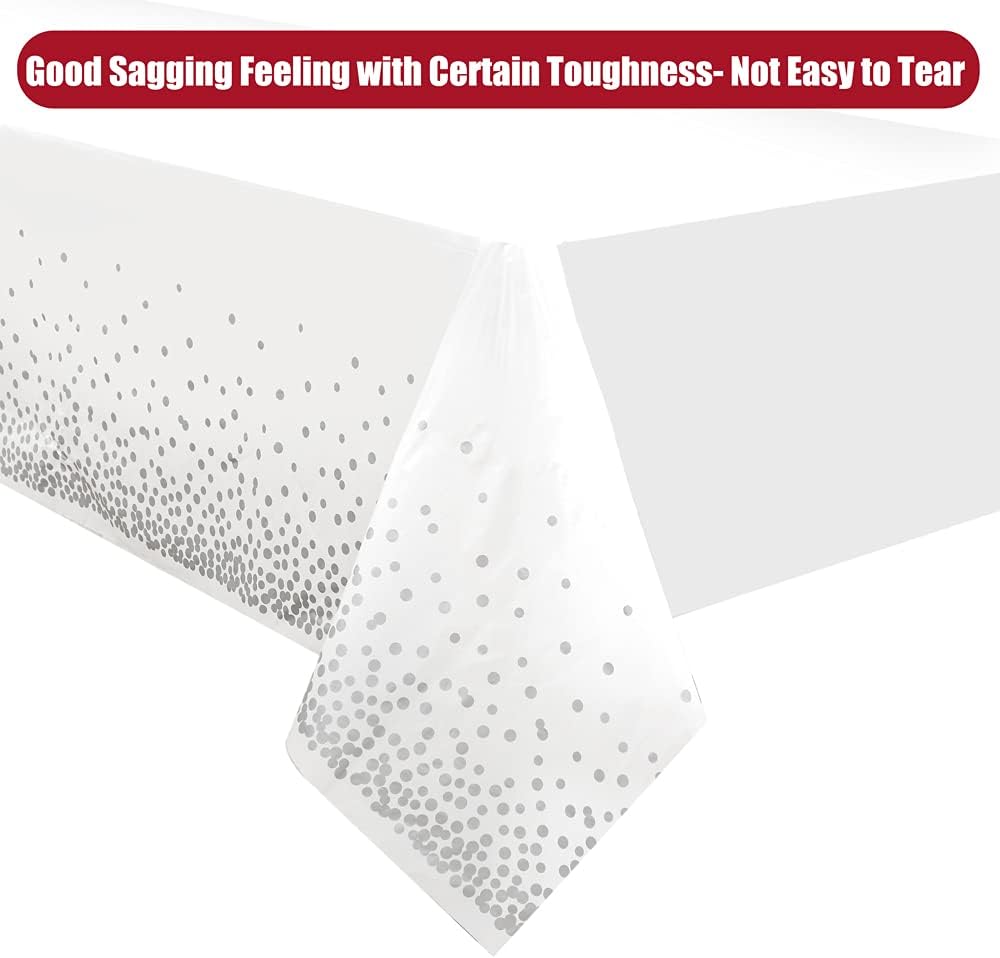 Silver Polka Dots Confetti Plastic Tablecloths 2 Pack White Disposable Table Covers Bridal Shower Party Tablecovers 54 x 108 Inch Table Cloths for Picnic Birthday Wedding Parties 8 ft Rectangle Table