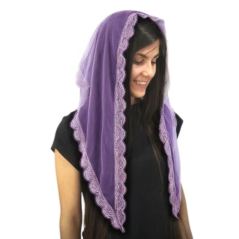 Netted Mantilla Veil Triangle Lace Lavender Net White Lace Border Catholic Church Veils Infinity Chapel Tulle Scarf Head Covering Latin Mass (White) Large Church Scarf (Pack of 1)-image-4