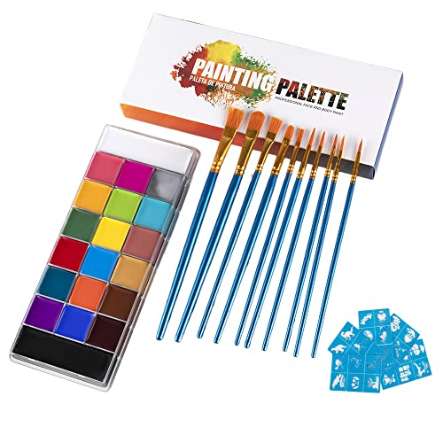 Wofo 20 Colors Cosplay Painting Face Makeup Body Paints Kit Palettes For Party Sfx Arty Stage Makeup Halloween Face Paint World Cup (10 Professional Brush,20 Colors Paint ,30 Stencils) #TOP17