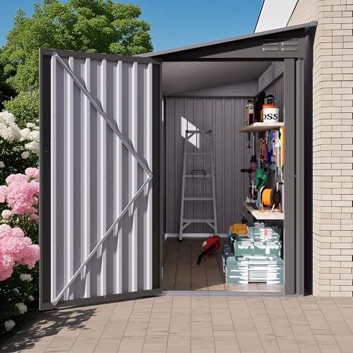 Image of YOPTO 4x9 FT Outdoor Storage Shed,Lean to Metal Shed W /Window,All Weather Waterproof Garden Storage Shed W / 6 Air Vents & 1 Lockable Door,Weatherproof Tool House W /Sloped Roof,for Lawn,Gray