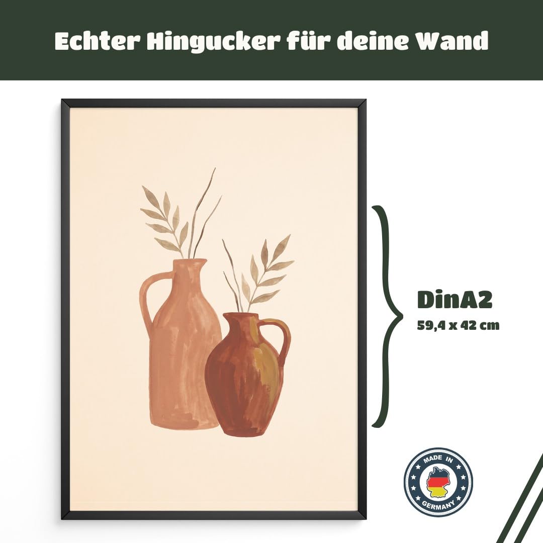 MJ-GRAPHICS® Poster Krüge Kunstdruck Blätter Wandbild minimalistisch Braun Beige Wohnzimmer Deko elegantes Kunstwerk harmonische Atmosphäre ideale Ergänzung A2 mit beigem Rahmen