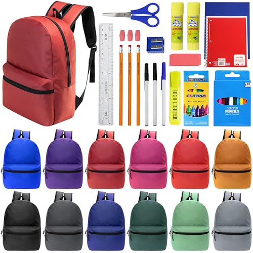 Moda West 17 Inch Bulk Backpacks with 34 Piece School Supplies Kits - Pens, Pencils, Crayons - Case of 12 Wholesale Backpacks in 12 Assorted Colors