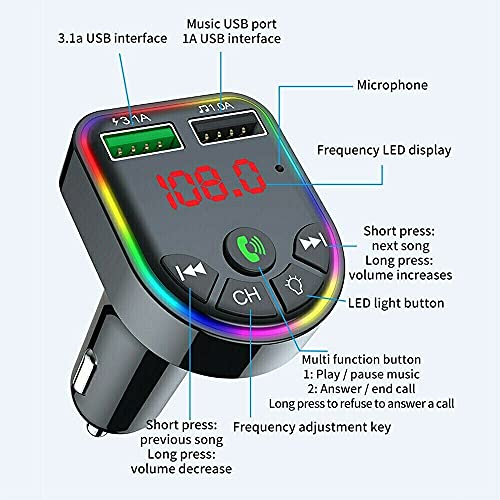 Bluetooth Fm Transmitter For Car Radio Receiver Wireless In-Car Bluetooth Adapter Player For Car, 7-Color Led Handsfree Call Audio Music Adapter Supports Dual Usb Port #TOP1