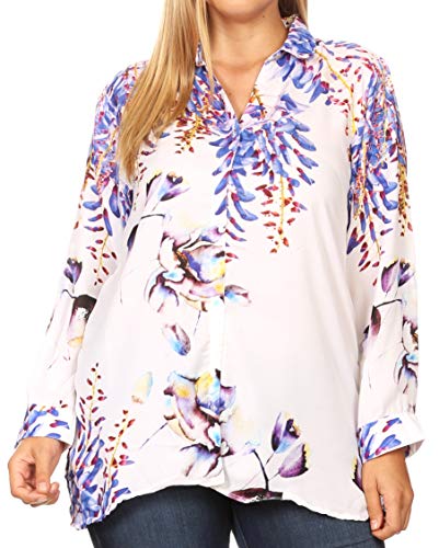 Sakkas 1905 - ISSA Women's Long Sleeve Floral Print Casual Button Down Shirt Blouse Top - 1906-FW212-White - OS