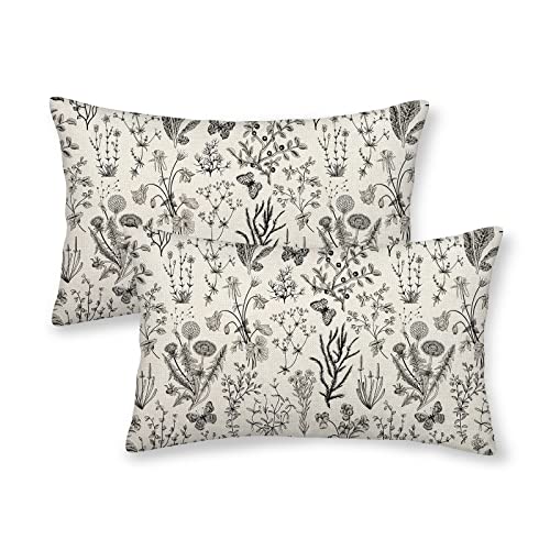 Image of AEIOAE Spring Pillow Covers 12x20 Inch Set of 2,Black Gray Wild Flower Plant Throw Pillows Case,Seasonal Floral Outdoor Decorative Linen Farmhouse Decor Cushion Covers for Home Sofa Bed Couch