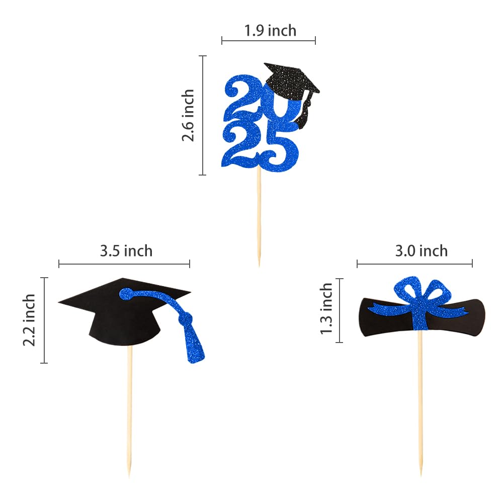 2025 Blue Glitter Graduation Cupcake Topper, Food/Appetizer Picks Class of 2025 Graduation Party Supplies(24pcs)
