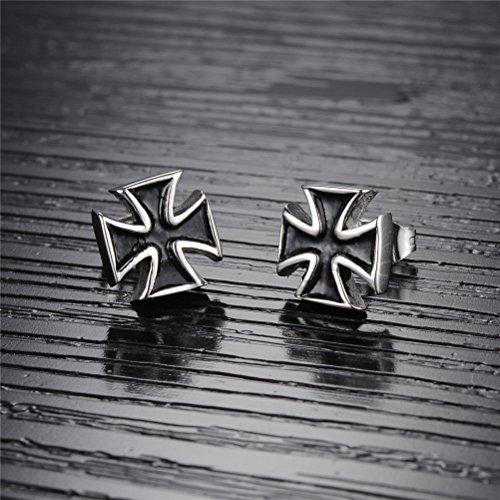 PAURO Jewelry Men's Stainless Steel Vintage Cross Stud Earrings, Silver and Black2
