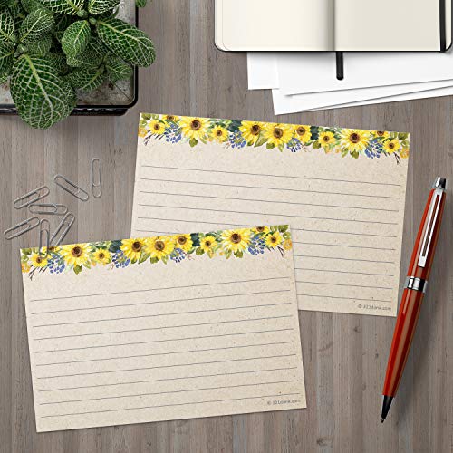 321Done Sunflower Index Cards - Made In Usa - Large 4X6 (Set Of 50) Rustic Kraft Tan College-Ruled Lined Notecards Double-Sided, Thick Heavy Duty Cardstock, Cute Pretty Sun Flowers Floral Ruled Lines #TOP2