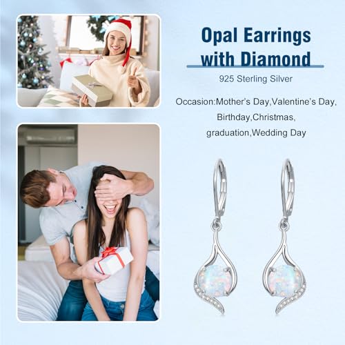 S925 Sterling Silver Opal with Genuine Diamond Earrings for Women October Birthstone Leverback Dangle Earring Birthday Valentine's Day Christmas Gift for Her4