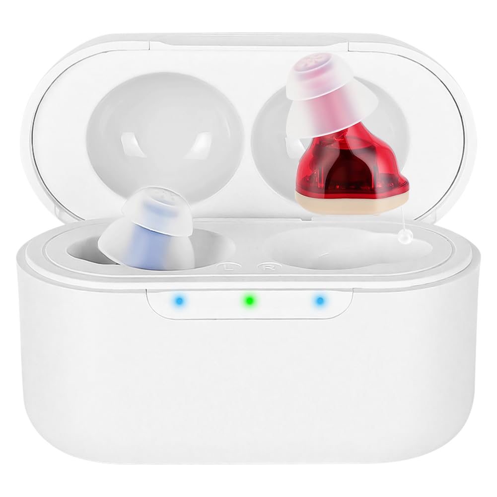 Aolso Hörgeräuschverstärker, Wiederaufladbares Gerät zur Geräuschunterdrückung, Aufbewahrungsbox, USB Ladestation, Lautstärkestufen, ergonomische Passform Kopfhörer Kabellos(Rot/Blau, Weiß)