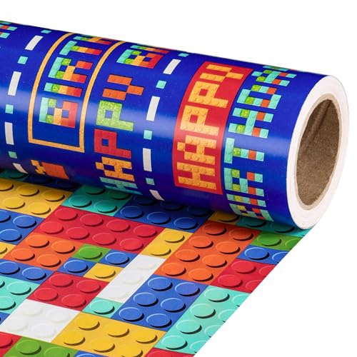 RUSPEPA Reversible Boys Birthday Wrapping Paper Roll Mini Roll Colorful Pixel Art and Building Block Design Funny Fortnite Gift Wrap Paper for Birthday Gaming Theme Party 17 Inches x 16.4 Feet