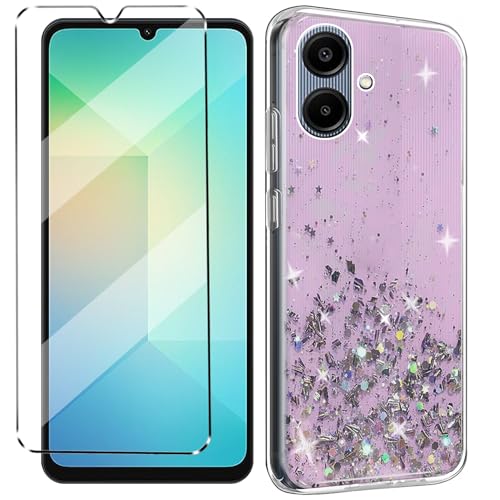 Glitter Bling Case Cover Compatible with Samsung Galaxy A06 Phone Case with 1 Pack Tempered Glass Screen Protector Phone Case Soft TPU Slim Fit Shockproof Anti-Scratch-Pink