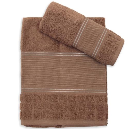 hobbymio.it Set Asciugamano con Ospite da ricamare a Punto Croce, Salvietta più Ospite con Tela Aida, Asciugamano bagno 50x100cm più Opite 30x50cm, Marrone con greca lurex argento