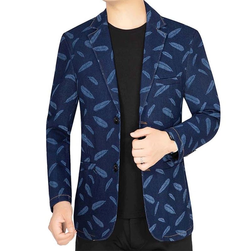 Men's Blue Print Feathers Two Button Suit Jacket Elegant Solid Color Blazers Slim Fit Lightweight Sport Coats Blazers