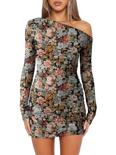 Prinbara Womens Mesh Long Sleeve Off Shoulder Mini Dress 2025 Fall Sexy Date Night Going Out Ruched Bodycon Dresses Outfits