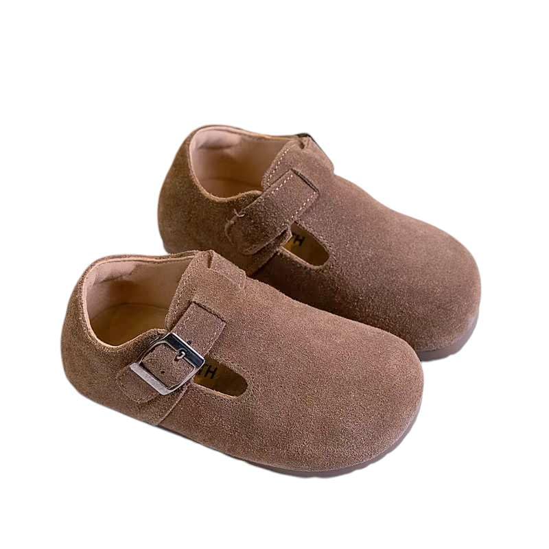 Children’s Suede Walking Shoes – Adjustable Buckle, Soft Sole, and Durable Design Brown