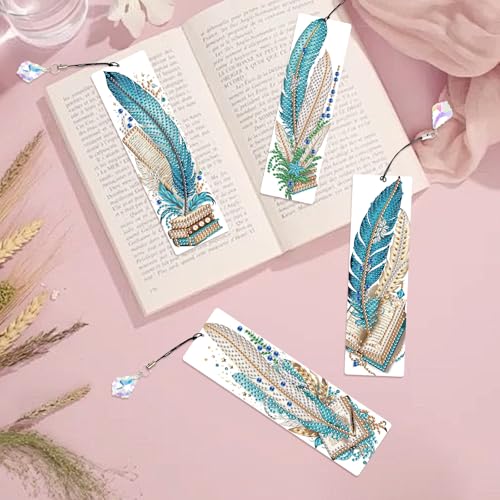 Image of 4-Pack 5D Diamond Painting Bookmarks Kit, Peacock Feather DIY Diamond Art Bookmarks with Rhinestones and Tassels, Creative Bookmark Making Set for Adults, Gift for Book Lovers