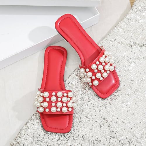 Zeberfi Women's Sparkle Pearl Flat Slide Sandals Fashion Summer Dress Party Slippers Breathable Square Open Toe Bling Beach Sandals4