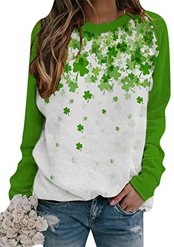 Image of Womens St. Patrick Day Lucky Clover Sweatershirt Crew Neck Long Sleeve Blouse Graphics Tie Dye Pullover