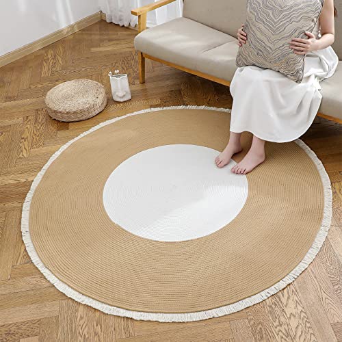 Image of Cotton Rope Rounds Rug with Tassels - Handwoven Bohemian Carpet for Living Room, Bedroom, Pooja & Home Decor, Soft & Washable Floor Mat, White & Beige, 7x7 feet