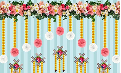 Image of Marigold Flower with Hanging Flower Backdrop Curtain for Decoration Backdrop Cloth for Pooja Decoration Traditional Fabric-Polyester Size 5 Feet Height and 8 Feet Width (5 * 8)