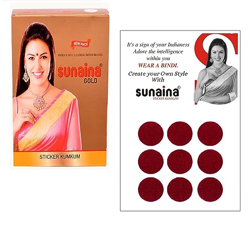 Image of Sunaina New Gold Sticker Kumkum Forehead Dark Red Round Pottu Bindis Velvet Bindi Box With 15 Cards /Flaps For Women & Girls (GDR-2 (15MM))