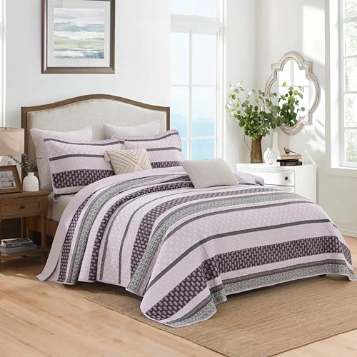 Image of Homzard King Size Comforter Set, Cotton Quilt, Purple and Grey Bedding Set, Lightweight Striped Bedspread, Reversible Coverlet King Size (106 inchX98 inch) with 2 Pillow Shams All Season