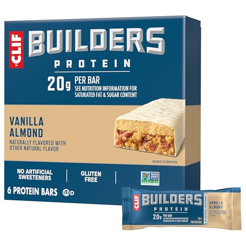 CLIF BUILDERS Protein Bars - Vanilla Almond Flavor - 20g Plant Based Protein - Gluten Free - Non-GMO - Low Glycemic - No Artificial Sweeteners - 2.4 oz. (6 Pack)