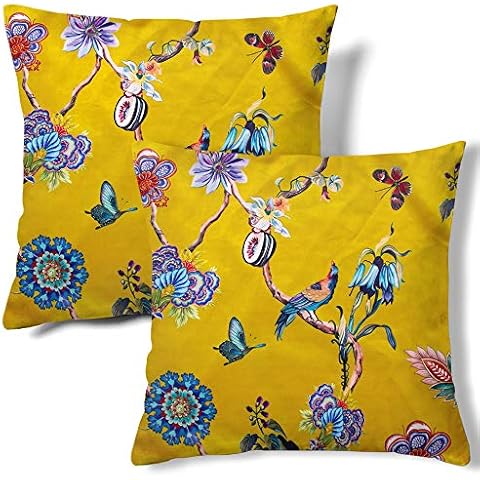 HMS Happy Memories Velvet Pillow Cases Square Decorative Throw Pillow Cover 45x45cm(18x18 Inch) Set of 2 for Couch Sofa Bed Living Room Bedroom (Yellow Bird Boho) Cover