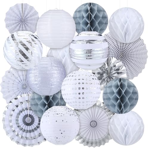 Image of Retisee 18 Pcs Metallic Silver Party Decorations Kit Hanging Metallic Silver Paper Lanterns Paper Fans Honeycomb Balls for Birthday Anniversary Celebration Wedding Graduation Decoration Supplies