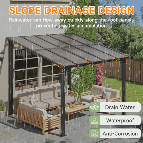 Image of 10x10FT Lean to Gazebo, Hardtop Metal Pergola with Polycarbonate Roof, Large Wall Mounted Heavy Duty Awnings, Patio Canopy for Backyard, Deck, Porch