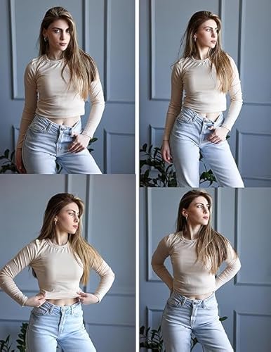 Zeagoo Camiseta de Manga Larga T Shirt para Mujer Casual Canale Top Elegantes con Cuello Redondo Camisetas Casual Básico Sólido Top para Otoño e Invierno Marrón Claro M